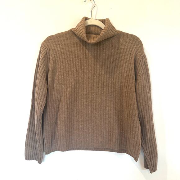 Vtg LL Bean 100% merino wool ribbed turtleneck sweater beige tan brown medium - Picture 1 of 9